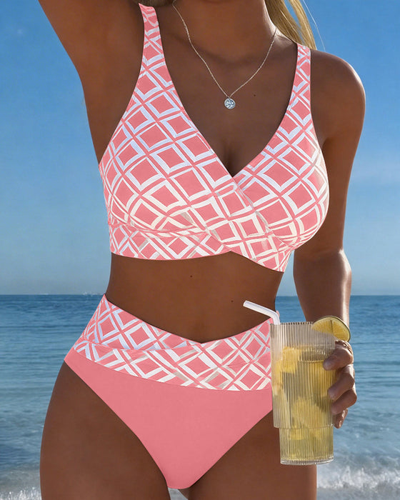 Diamond-Patterned Bra-Style Two-Piece Swimsuit