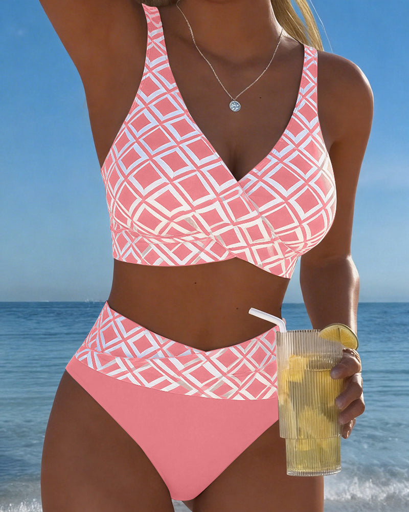 Diamond-Patterned Bra-Style Two-Piece Swimsuit