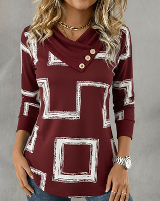 Long-Sleeved Slanted-Neck Graphic Print Top