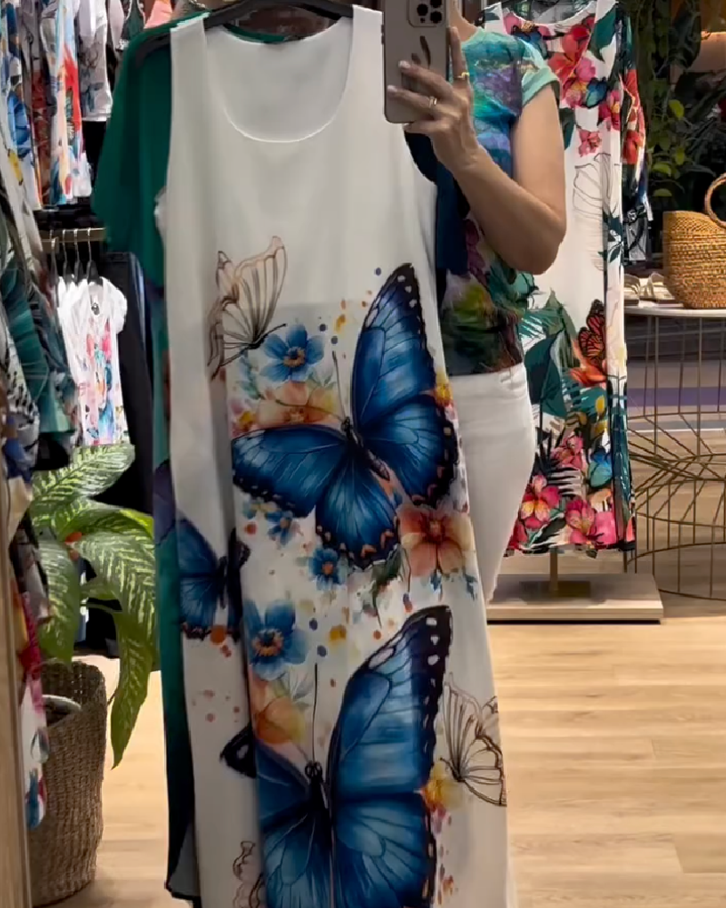 Sleeveless Butterfly Print Maxi Dress