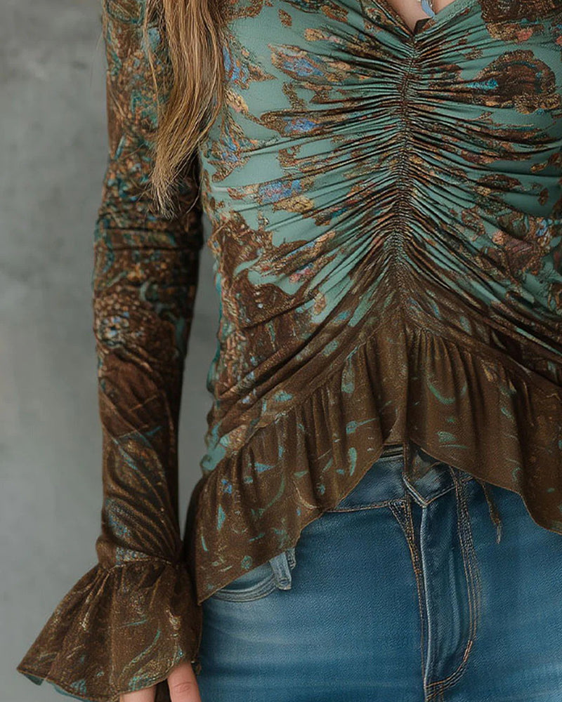 Gathered Ruffle V-Neck Long-Sleeve Blouse