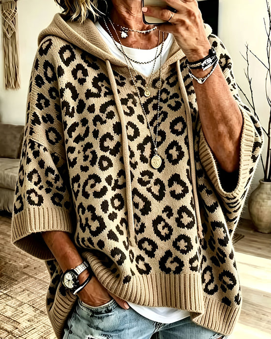 Leopard Print Mid Sleeve Pocket Hoodie