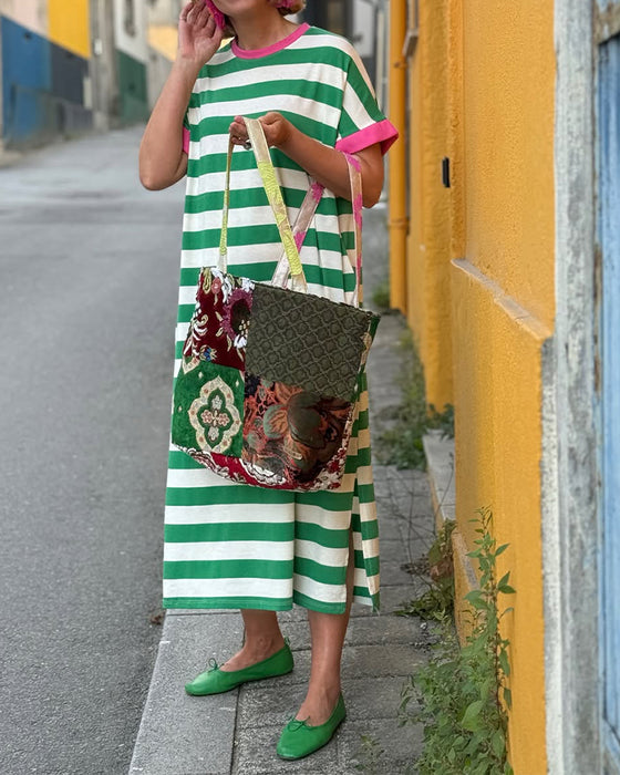 Crew Neck Color-Block Stripe Maxi Dress