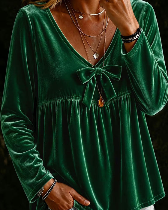 V-Neck Bow Long Sleeve Top