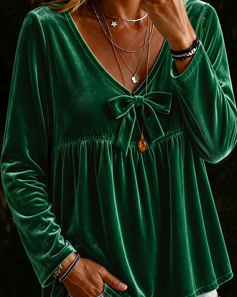 V-Neck Bow Long Sleeve Top