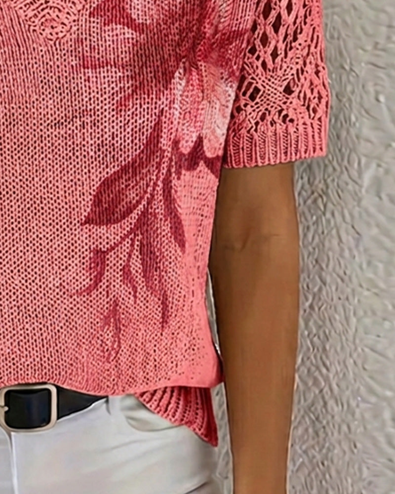 V-Neck Knitted Floral Pullover