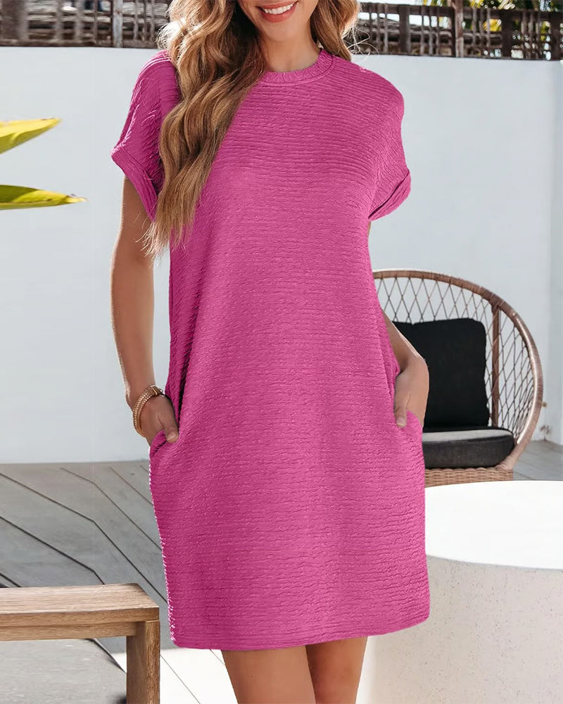 Round Neck Pocket Solid Color Dress