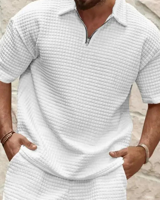 Polo Collar Zip Waffle Texture Shorts Set