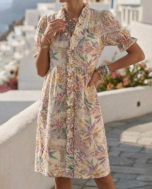 Waist-Cinched Puff Sleeve Ruffle Floral Dresses