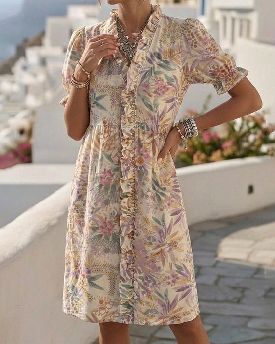 Waist-Cinched Puff Sleeve Ruffle Floral Dresses