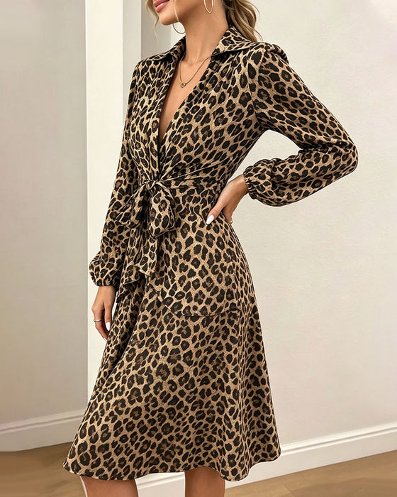 Leopard Print Lapel Waist Strapped Shirt Dress