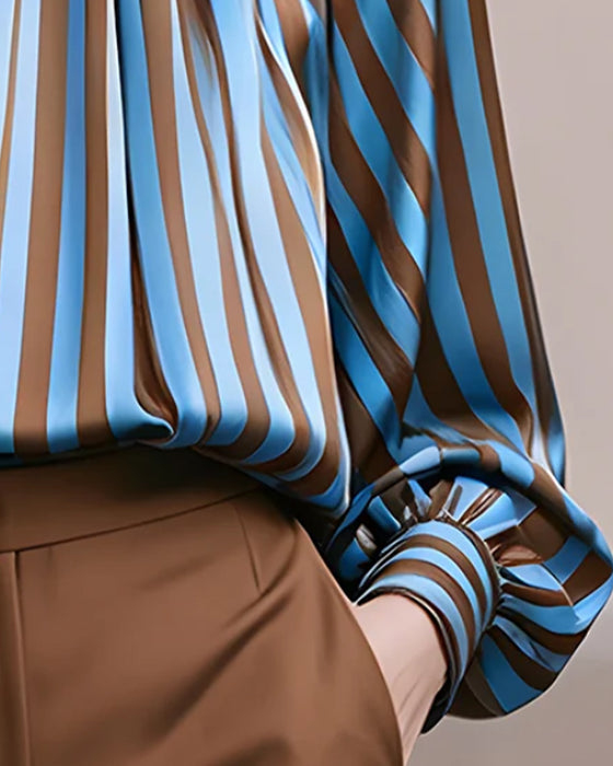 Stripe Shirred Turtleneck Blouse