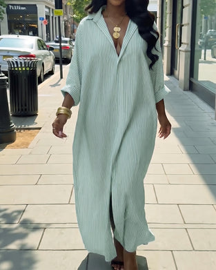 Long Sleeve Lapel Loose Striped Shirt Dress