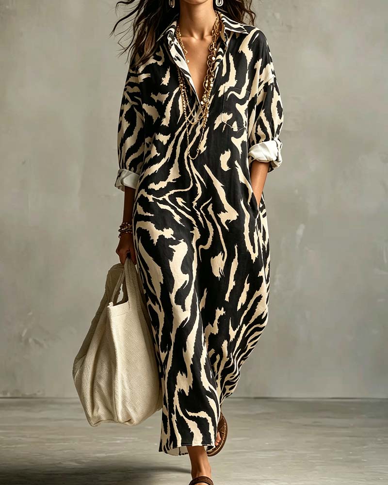Animal Print Lapel Pocket Shirt Dress