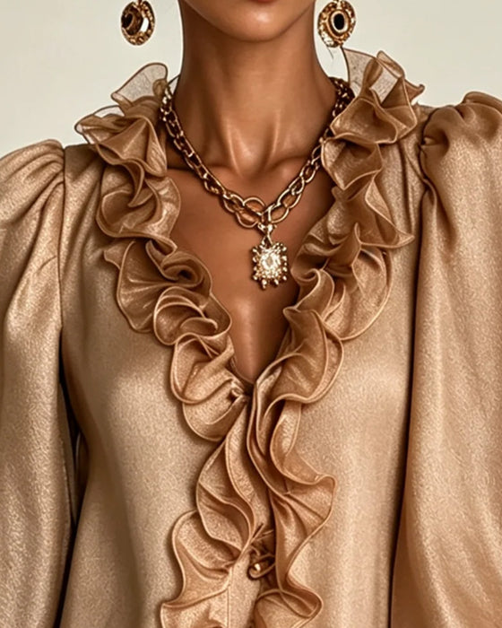 Puff-Sleeve Ruffle-Trim V-Neck Dress
