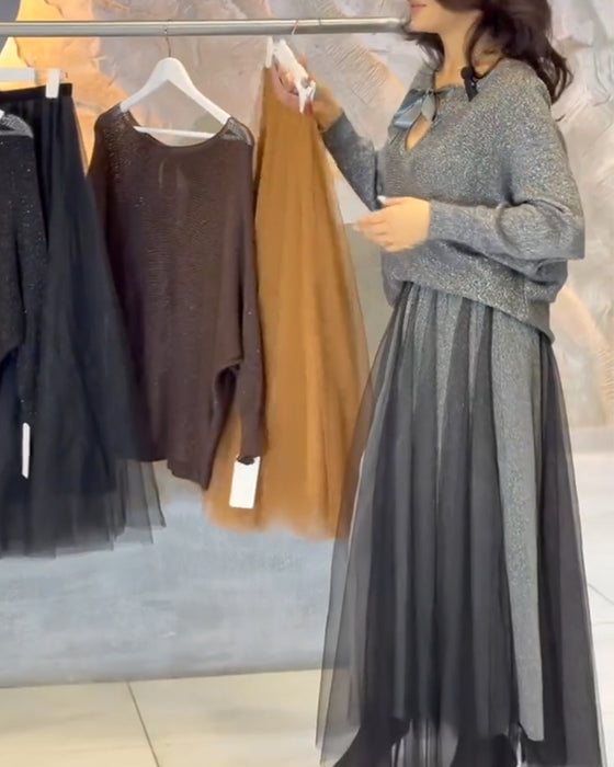 Batwing Sleeve Shimmering Pullover And Skirt