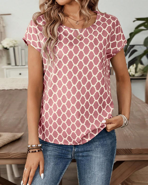 Round Neck Diamond Print Short-Sleeved Blouse