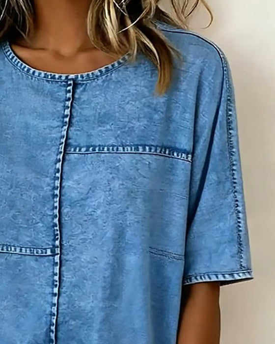 Distressed Denim Short Sleeve Top