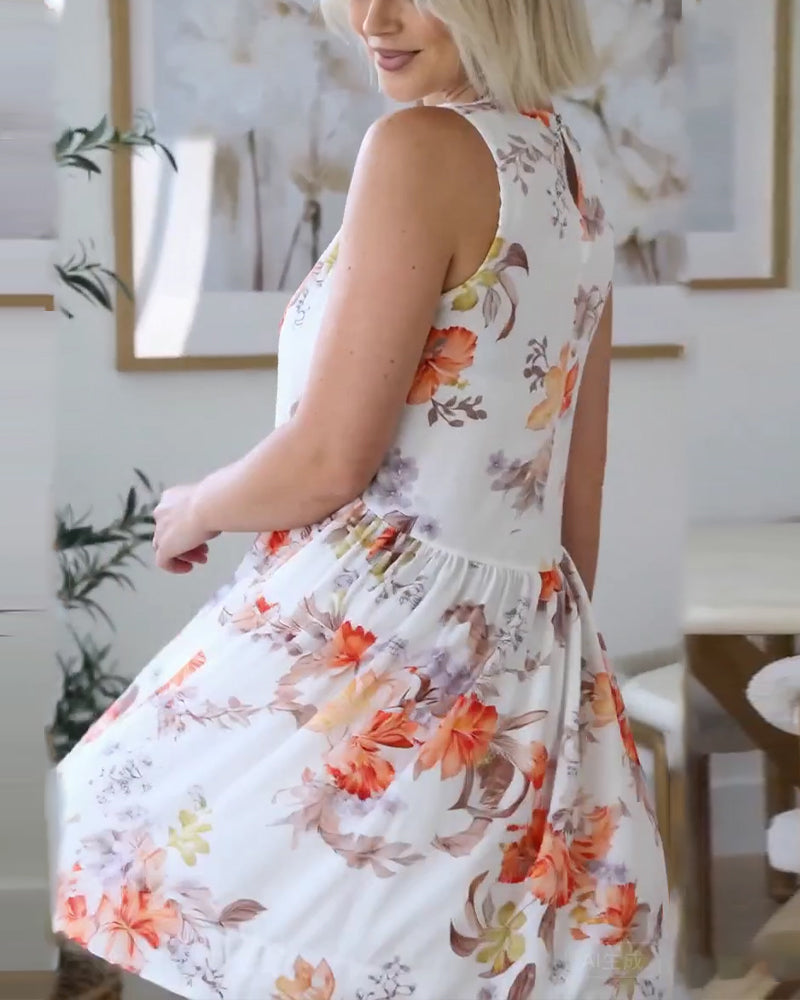 Sleeveless Pleated Floral Print Dress