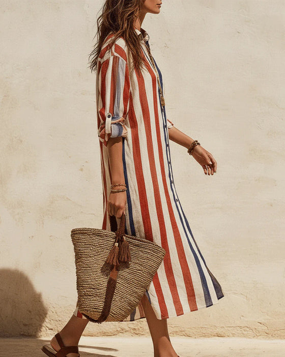 Casual Striped Shirt Collar Dress
