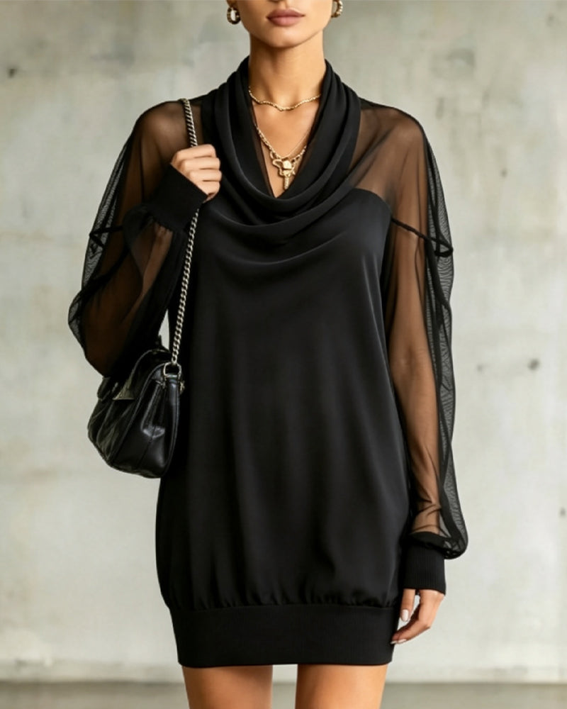 Cowl Neck Long Sleeve Mesh Dress