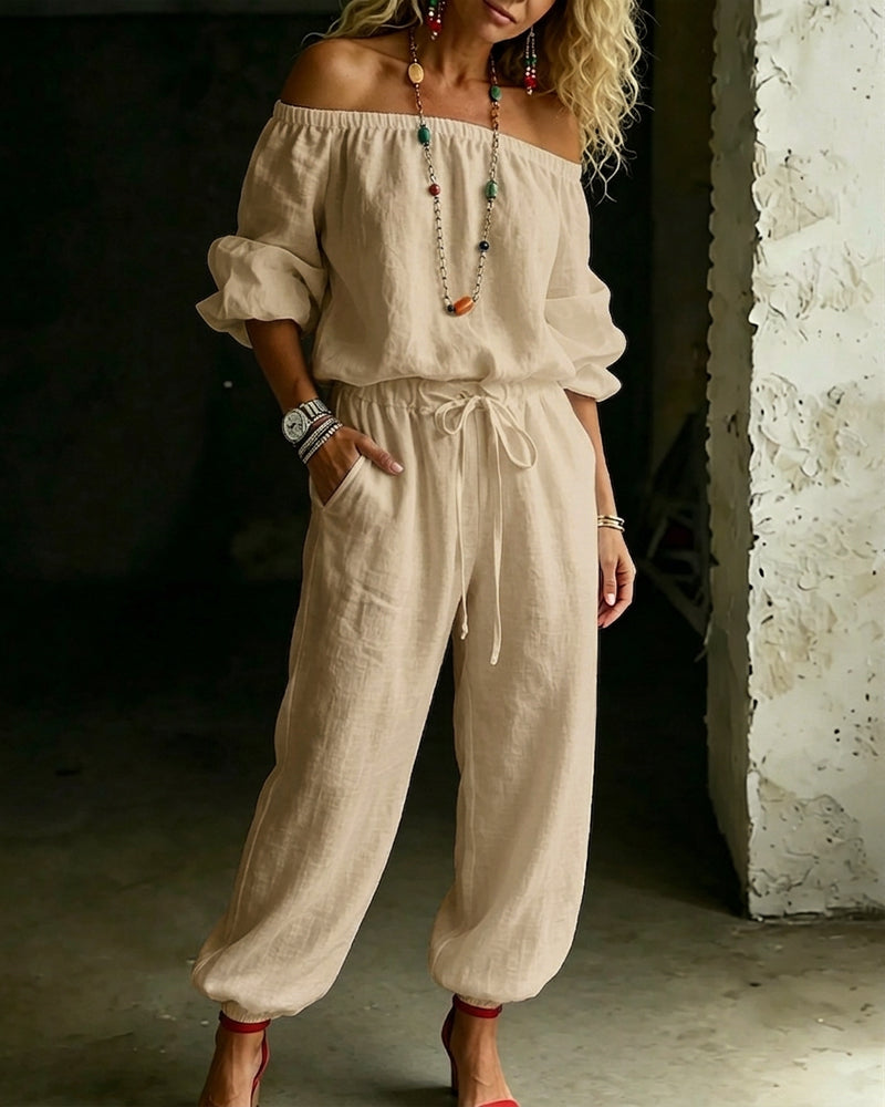 Off-Shoulder Tie Waist Cinched Waist Jumpsuit