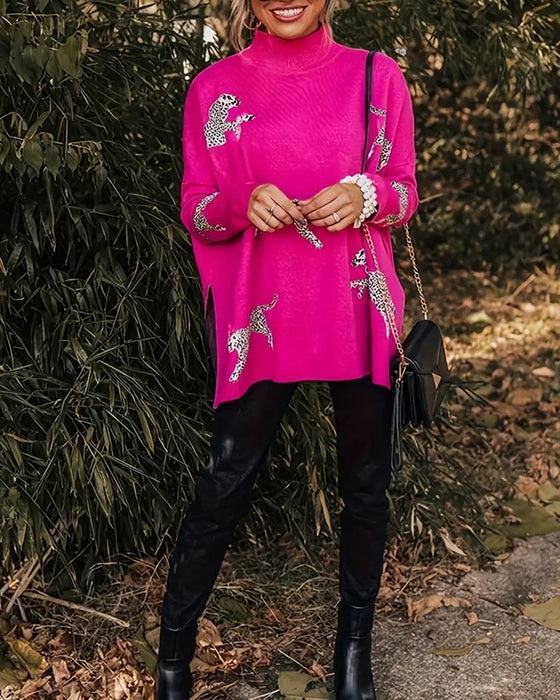 Stylish loose high neck leopard print pullover