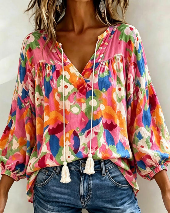 Colorful Printed Lantern Sleeve Fringe Blouse