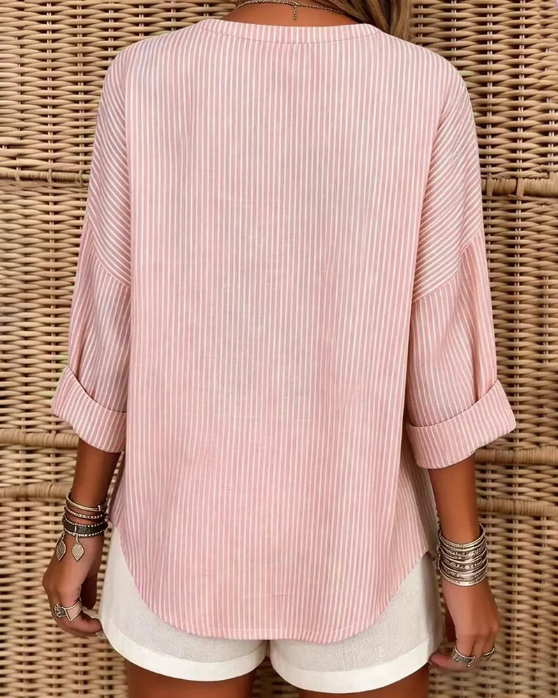 V-Neck Stripe Irregular Long Sleeve Top