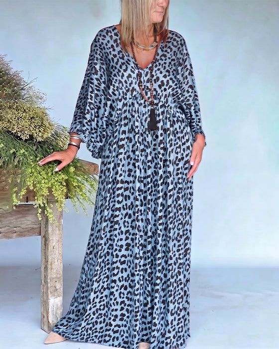 V-Neck Leopard Print Loose Fit Casual Dress