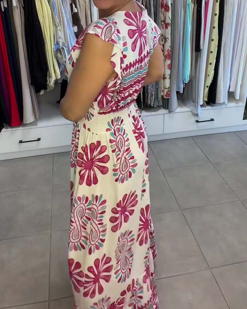 Floral Waist-Cinch Flutter-Sleeve Vacation Maxi Dress