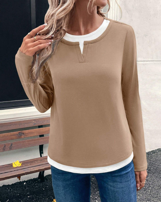 Long-Sleeved Fake Two-Piece Solid Color Top