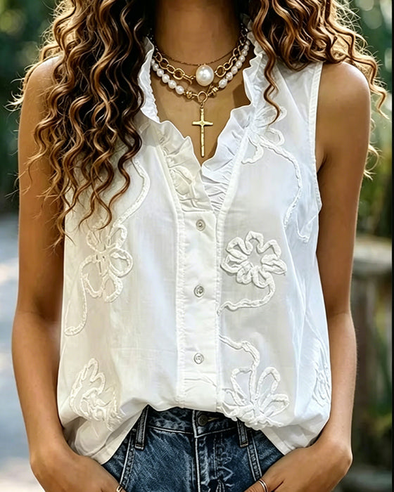 Sleeveless 3D Floral Ruffle Shirt