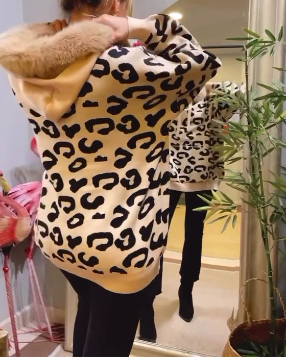 Leopard print long-sleeved hooded sweatshirt