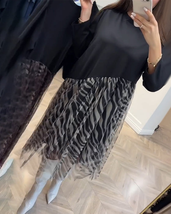 Round Neck Patchwork Mesh Print Dress
