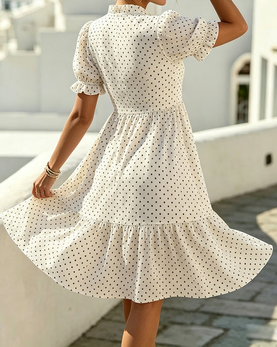 V-Neck Lace Trim Polka Dot Dress