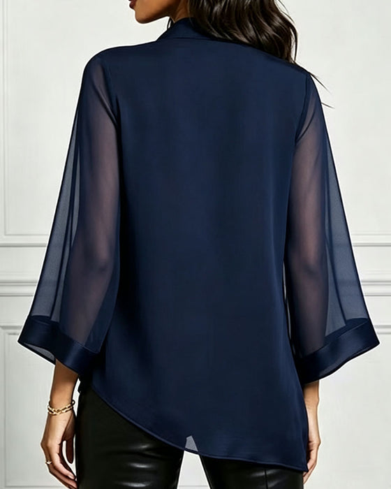Mock Neck Irregular Solid Sheer Blouse