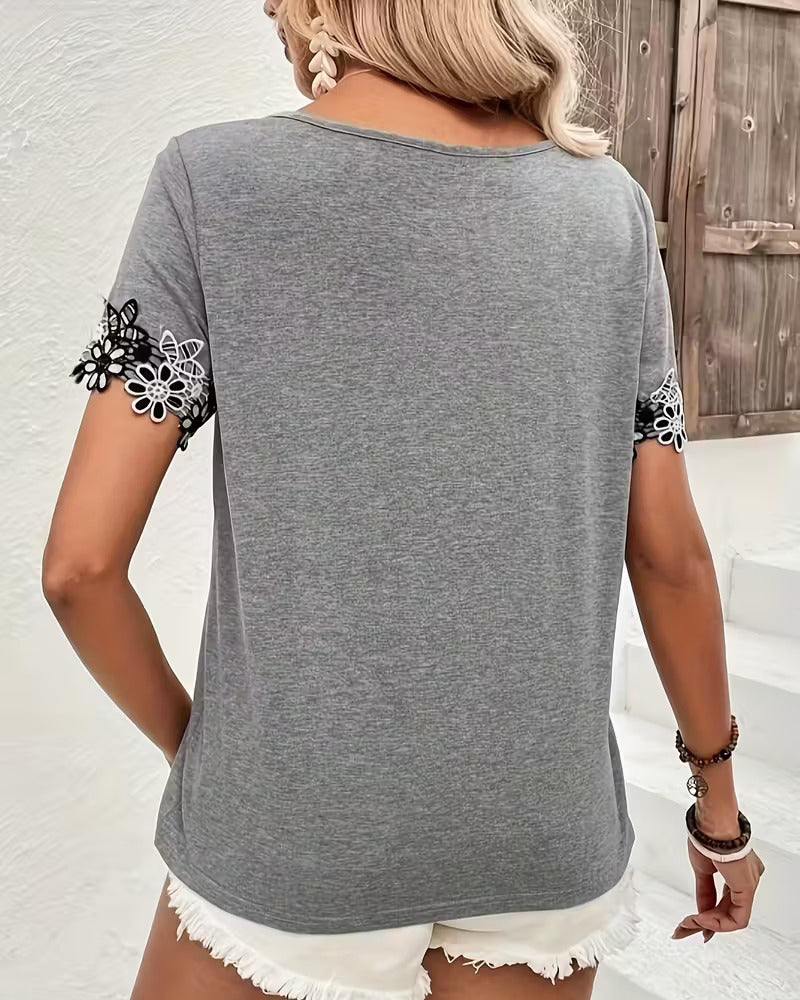 V-Neck Floral Lace Panel T-Shirt