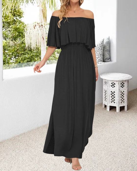 Off-Shoulder Ruffle Slit Dress