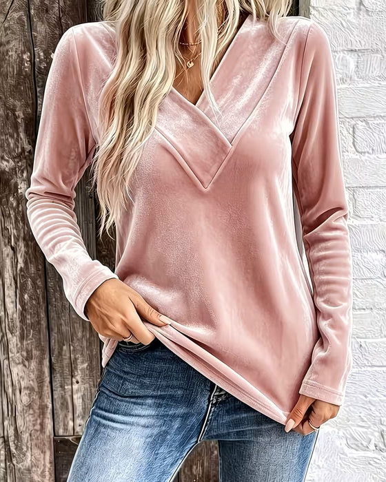 Velvet Long Sleeve V-Neck Solid Top