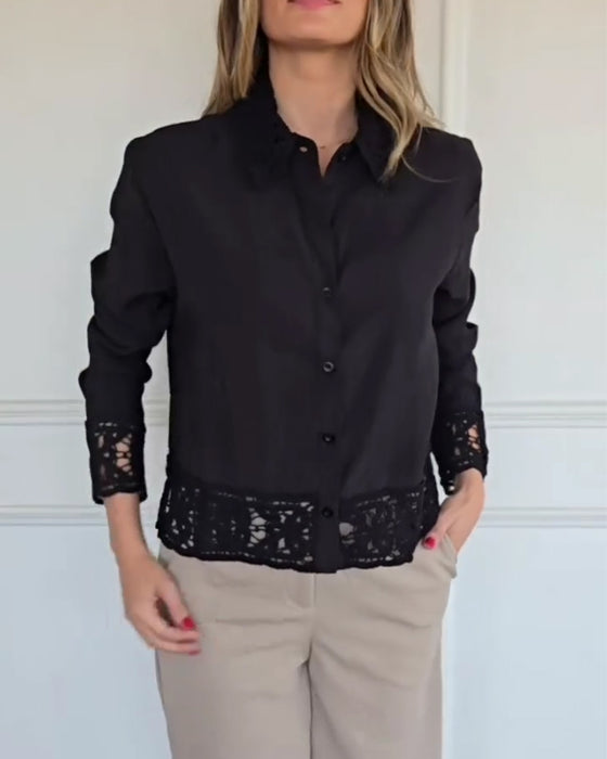 Lapel Hem Lace Patchwork Blouse