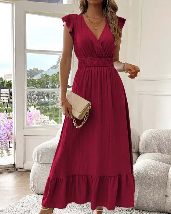 V-Neck Solid Color Waist Slim Dress