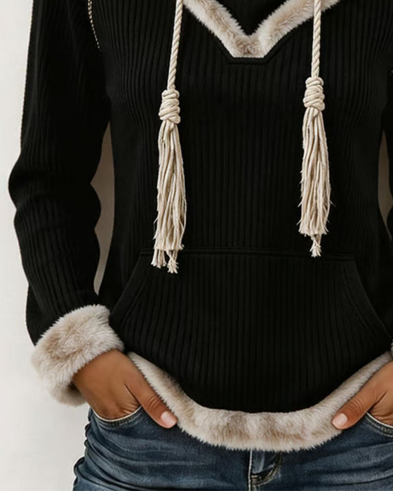Fuzzy Patchwork Casual Hoodie