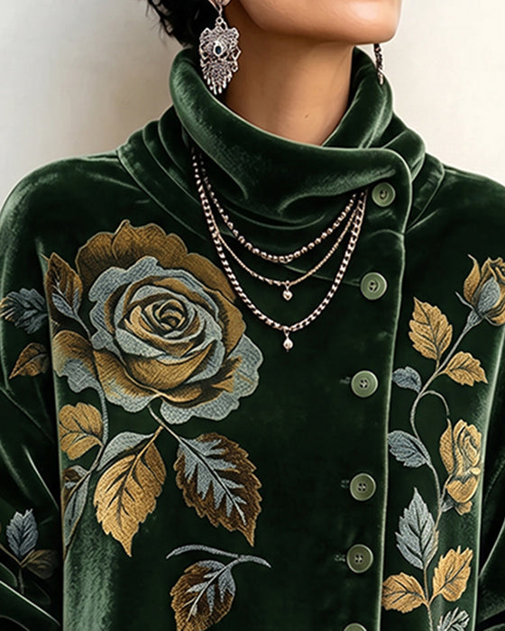Rose Print Button Irregular Top