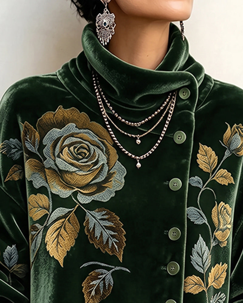 Rose Print Button Irregular Top