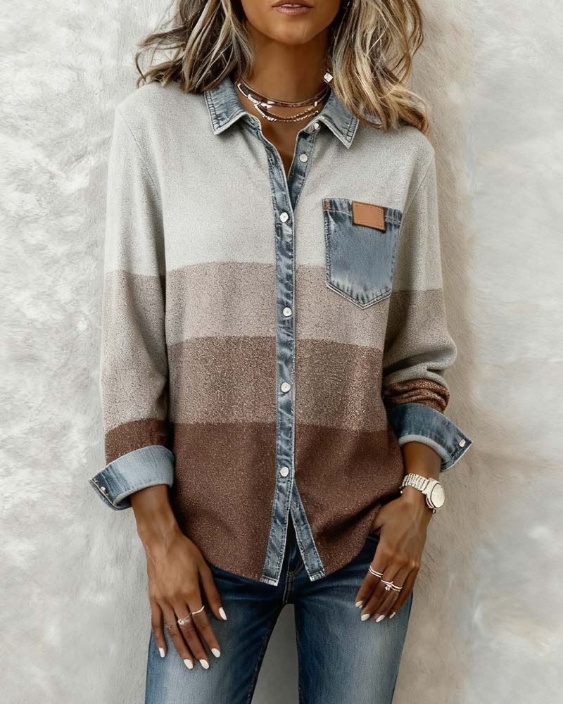 Denim Patchwork Button-Down Shirt