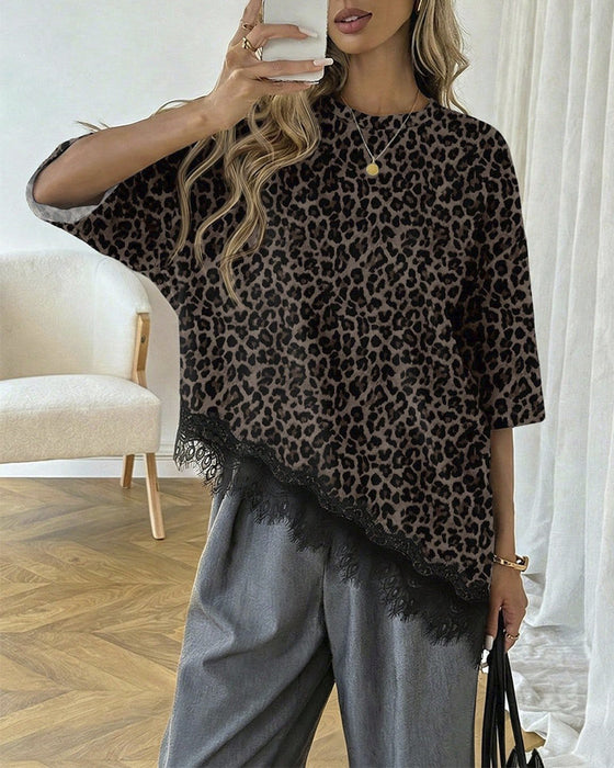 Asymmetrical Lace Spliced Hem Short Sleeve Blouse