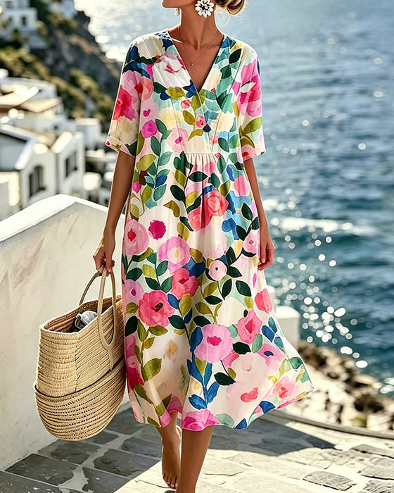 Watercolor Floral V-Neck Dress