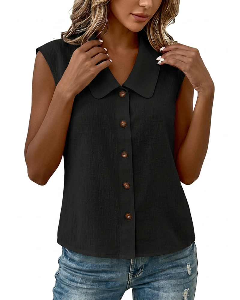 Sleeveless Lapel Linen-Cotton Shirt