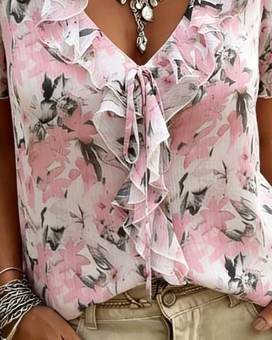 V-Neck Ruffle Bubble Sleeve Blouse